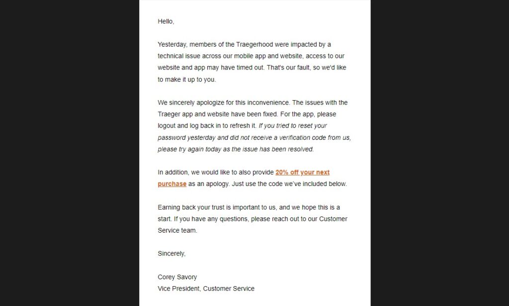 Traeger Apology Email