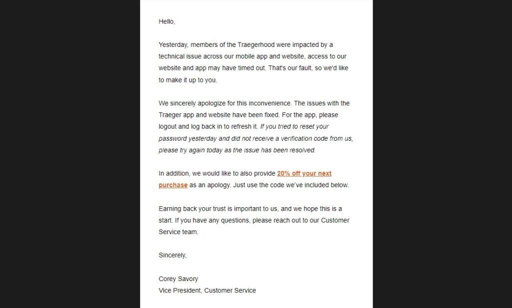 Traeger Apology Email
