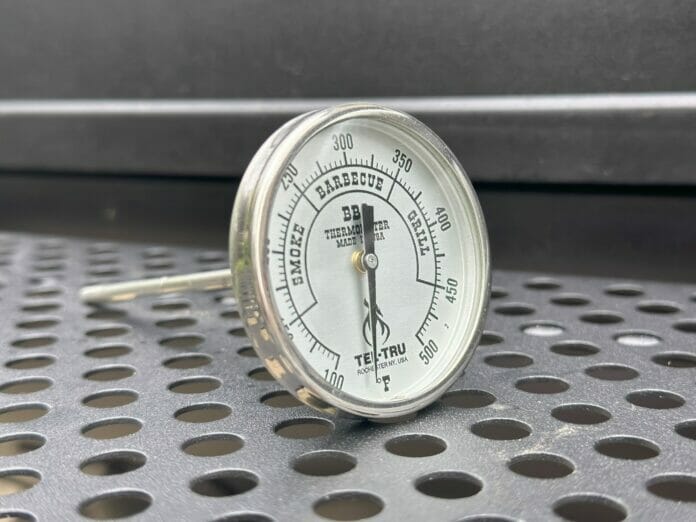 Tel-Tru Thermometer on the Shelf of an Offset Smoker