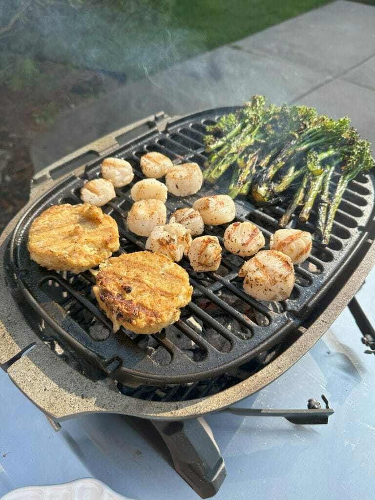 Seafood and Broccolini on a PK Grills PKGO Hibachi Grill