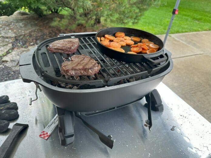 Steaks and a Cast Iron Pan on a PK Grills PKGO Hibachi Grill