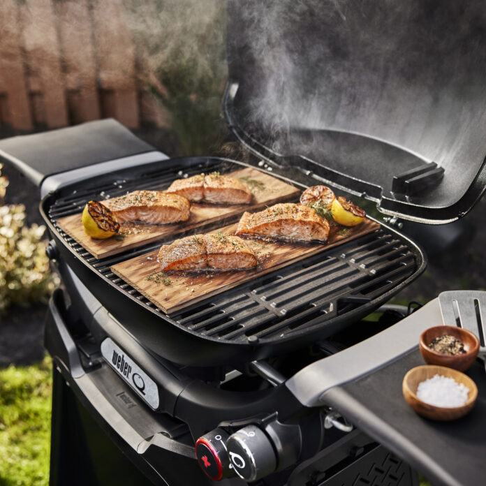 Weber Q+ Portable Grill Cooking Cedar Plank Salmon