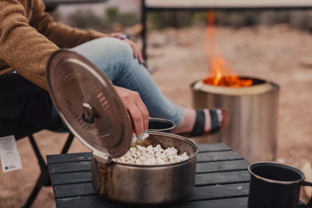 Solo Stove Popcorn Maker with Lid Open Filled with Popcorn