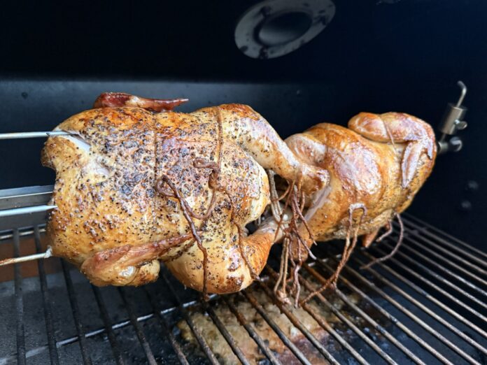 GMG Pellet Grill Rotisserie Chicken Close GMG Pellet Grill Rotisserie Chicken Close